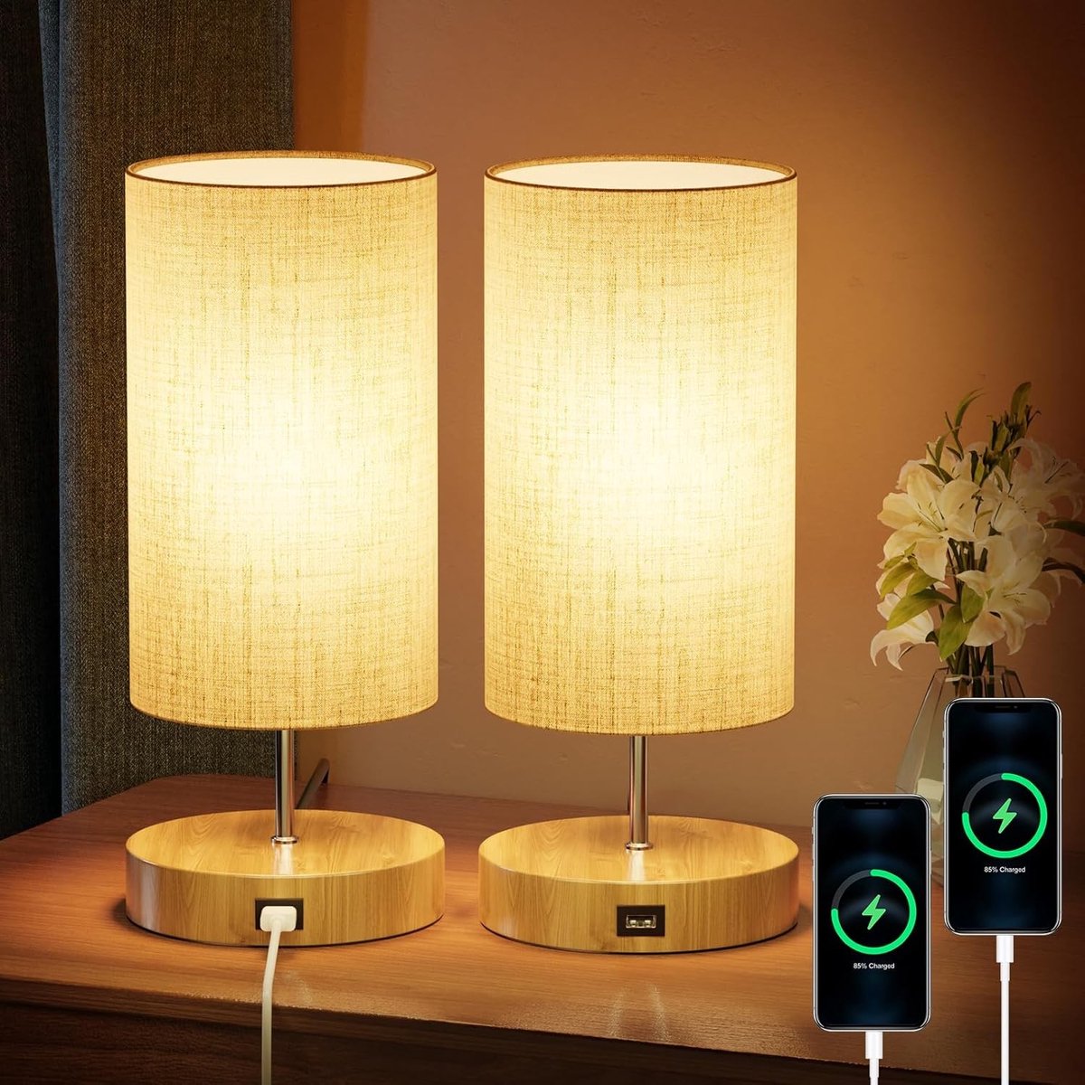 Set van 2 Dimbare Bedlampjes - Rond - 2 Stuks - Met Aanraakbediening en USB-oplaadfunctie - Voor Slaapkamer en Woonkamer