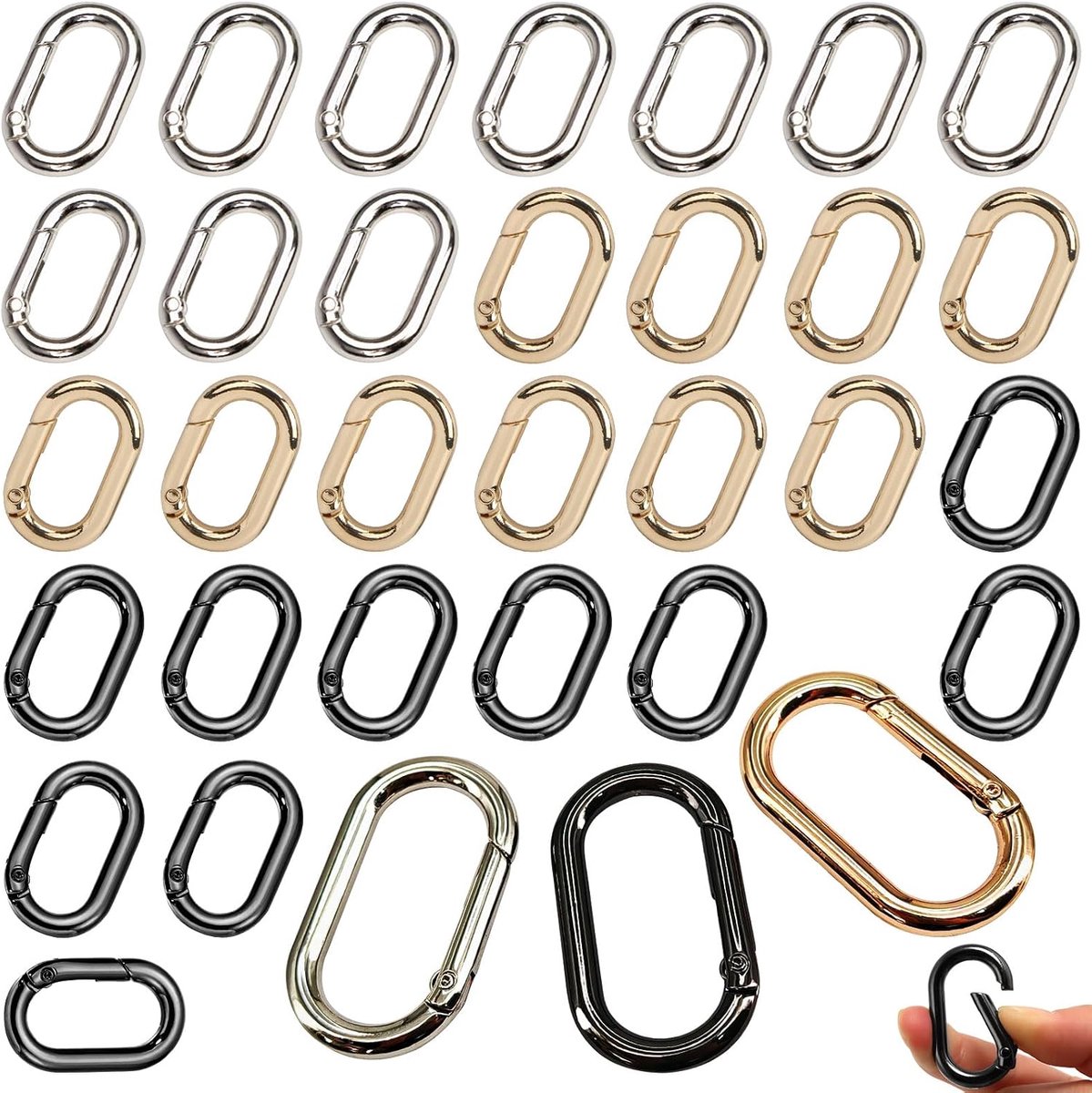 30pcs Oval Carabiner Hooks Metal Gold Silver Black 25 x 15.8 mm Oval Key Chain Clip Spring Split Rings Small Carabiner - ShopVlot