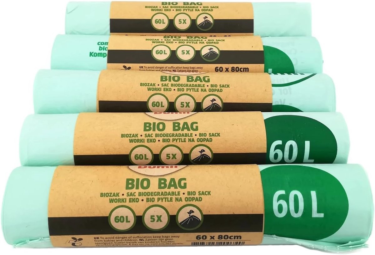 SnelShoppen - Organische Compostzakken 60 Liter, 100% Composteerbaar en Biologisch Afbreekbaar, 25 Stuks, 60 x 80 cm, Ideaal voor Keukenafval en Tuina