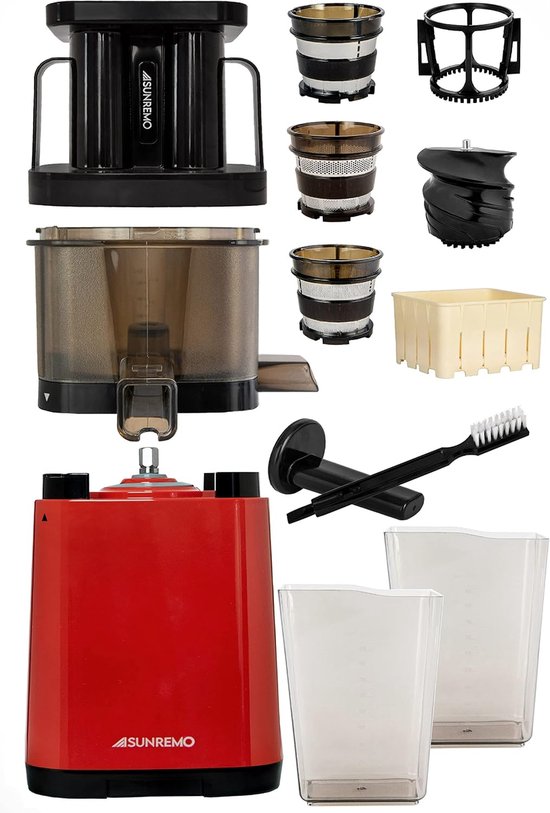 SnelShoppen - Primo Slow Juicer Rood - Slowjuicer met Dubbele Vulopening, Vervangbare Zeven, Tofu-opzetstuk en Extra Zeven voor Gezonde Sappen en Smoo — afbeelding 3