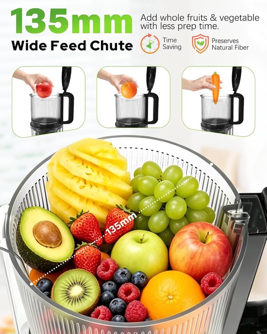 SnelShoppen - Slow Juicer Machine 300W met 135mm Brede Vulopening, Hoge Sapopbrengst 99%, 2.2L Capaciteit, BPA Vrij, Makkelijk Schoon te Maken, Perfec — afbeelding 2