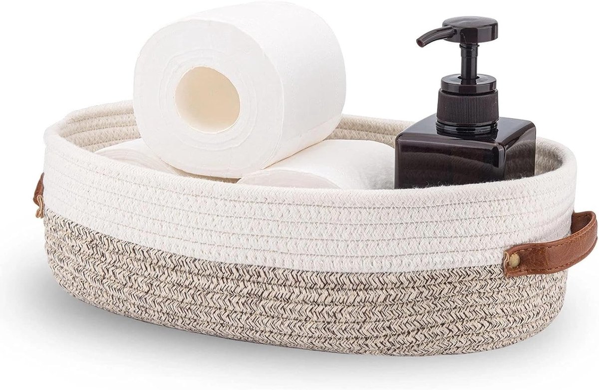 Gevlochten opbergmand van katoen, multifunctionele opslagmand voor badkamer, slaapkamer en woonkamer, 33 x 15 x 10 cm, stijlvol en praktisch