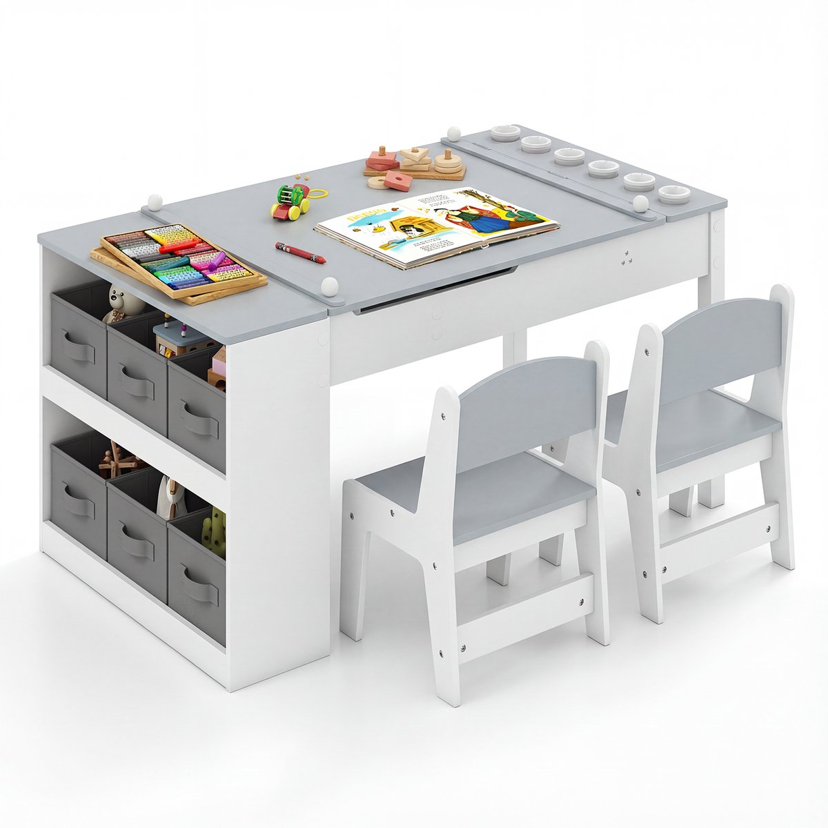 COSTWAY Kindertafel met 2 stoelen, 3-in-1 activiteitstafel en schildersezel van hout met optilbaar tafelblad met gekleurde bekers, 6 stoffen containers en papierrol, kinderzitgroep voor vanaf 3 jaar