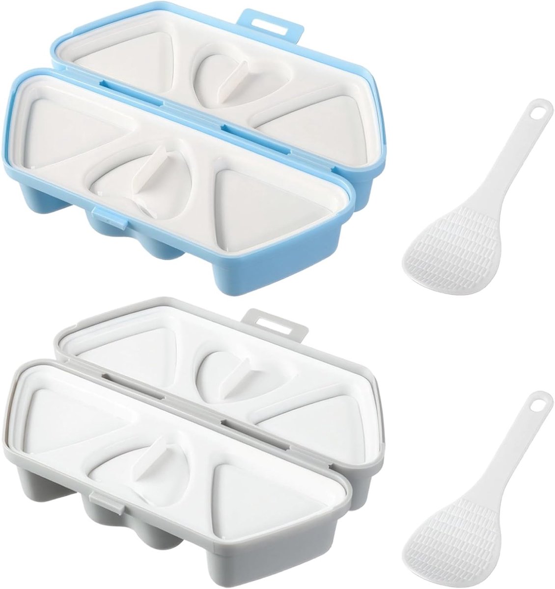 SnelShoppen - Rijstvormen voor Kinderen Set van 2, Driehoekige Rijstballen met Rijstvormer en Lepel, Grijs en Blauw Ontwerp, Ideaal voor Lunchbox en B
