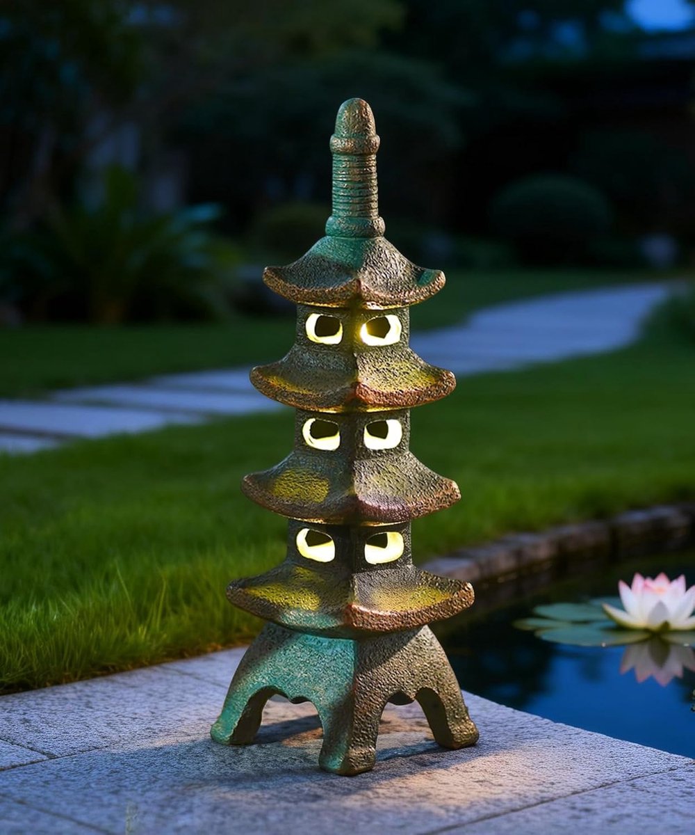 Yeomoo 40CM Solar Pagoda Garden Ornaments with LED Light, Resin Tower Decor - ShopVlot