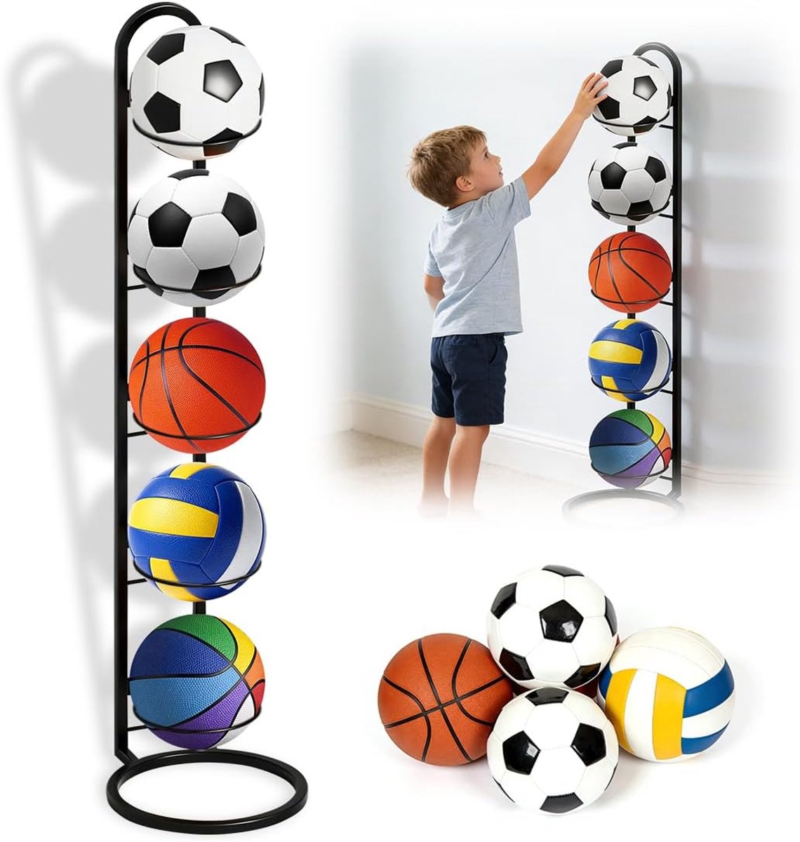 SnelShoppen - 5-traps ballenstandaard, zwart, verticale ballenopslag, verwijderbare ballenhouder, metalen ballenrek, stabiel en robuust voor basketbal