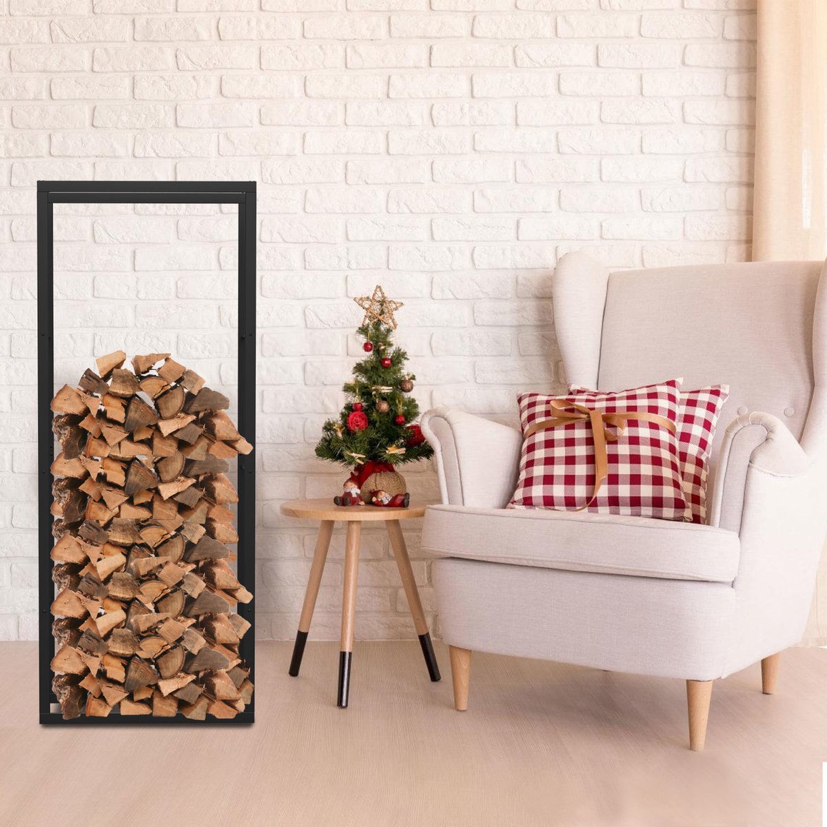 Brandhoutrek haardhoutrek van zwart metaal, 150 x 60 x 25 cm, draagvermogen 150 kg, geventileerde houtopslag met antislipvoeten