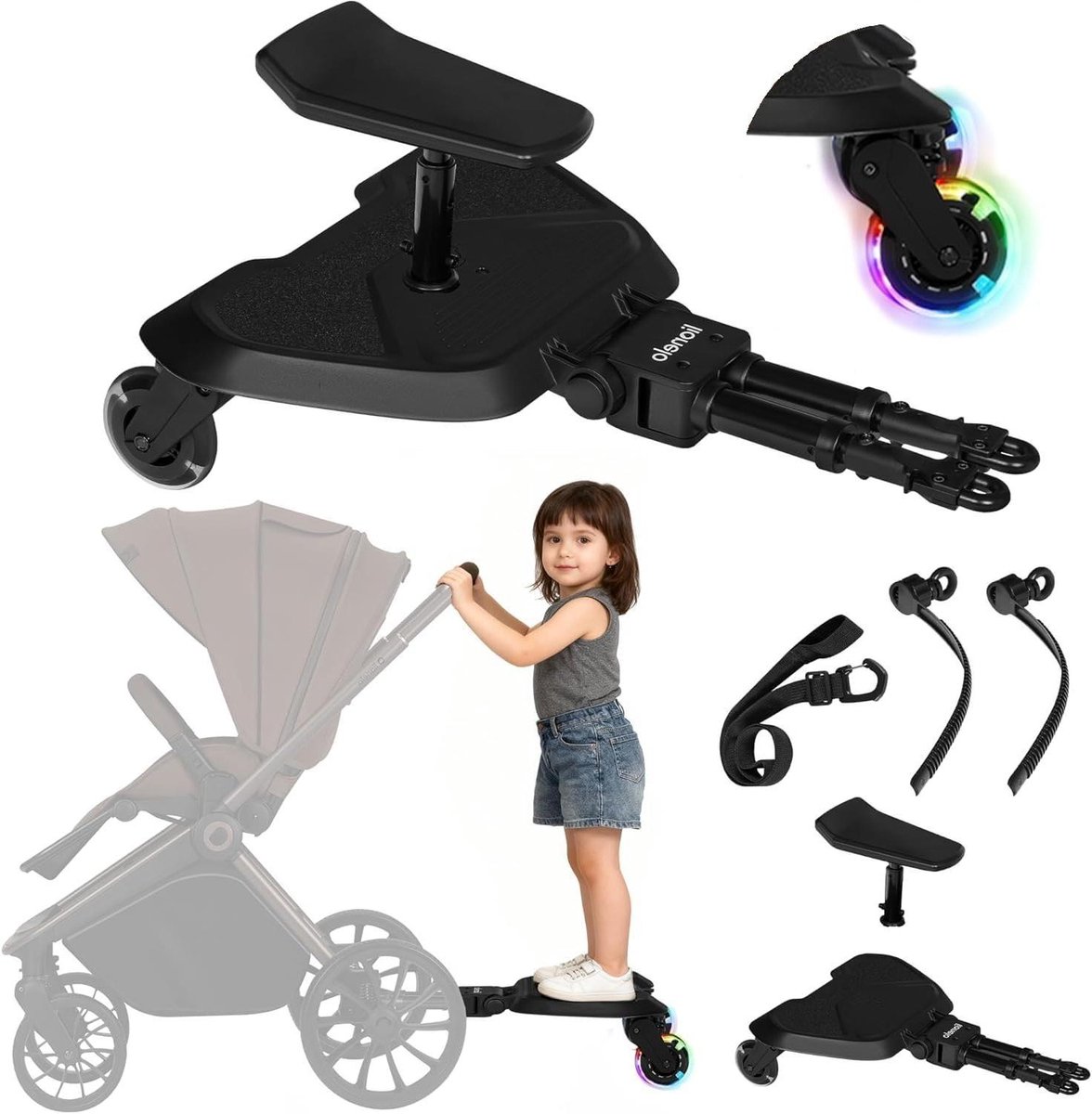 Meerijdplank Kinderwagen - Staande Zitting - Kinderen Vervoeren - Universele Pasvorm - 25 kg Draagvermogen - Zwart