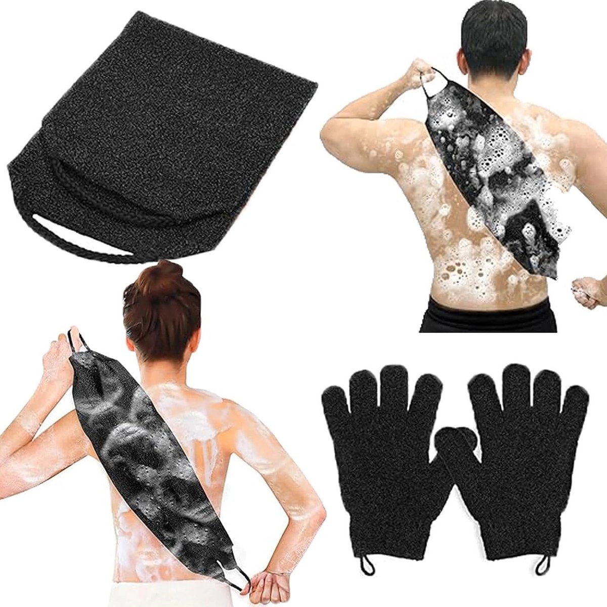 Exfoliërende Badhandschoenenset - Zwart - Voor de meeste handmaten - Nylon - Voor Dames en Heren