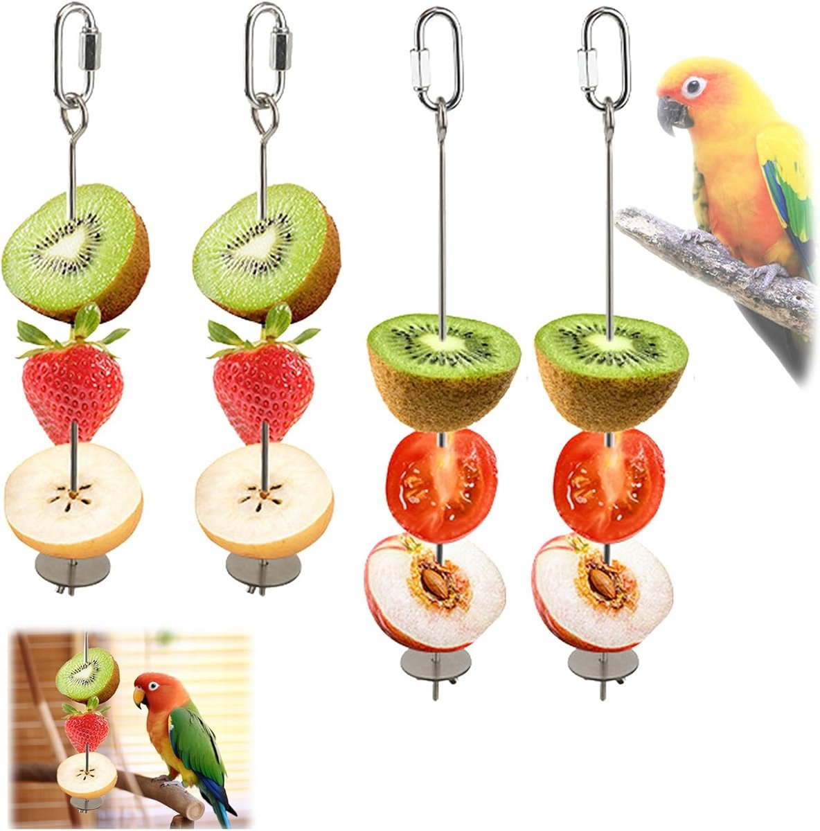 SnelShoppen - 4 Stuks Vogel Skewers Parrot Speelgoed Voeder Dispenser, Medium en Kleine Parkiet Speelgoed, RVS Groente en Fruit Houder Geschikt voor A