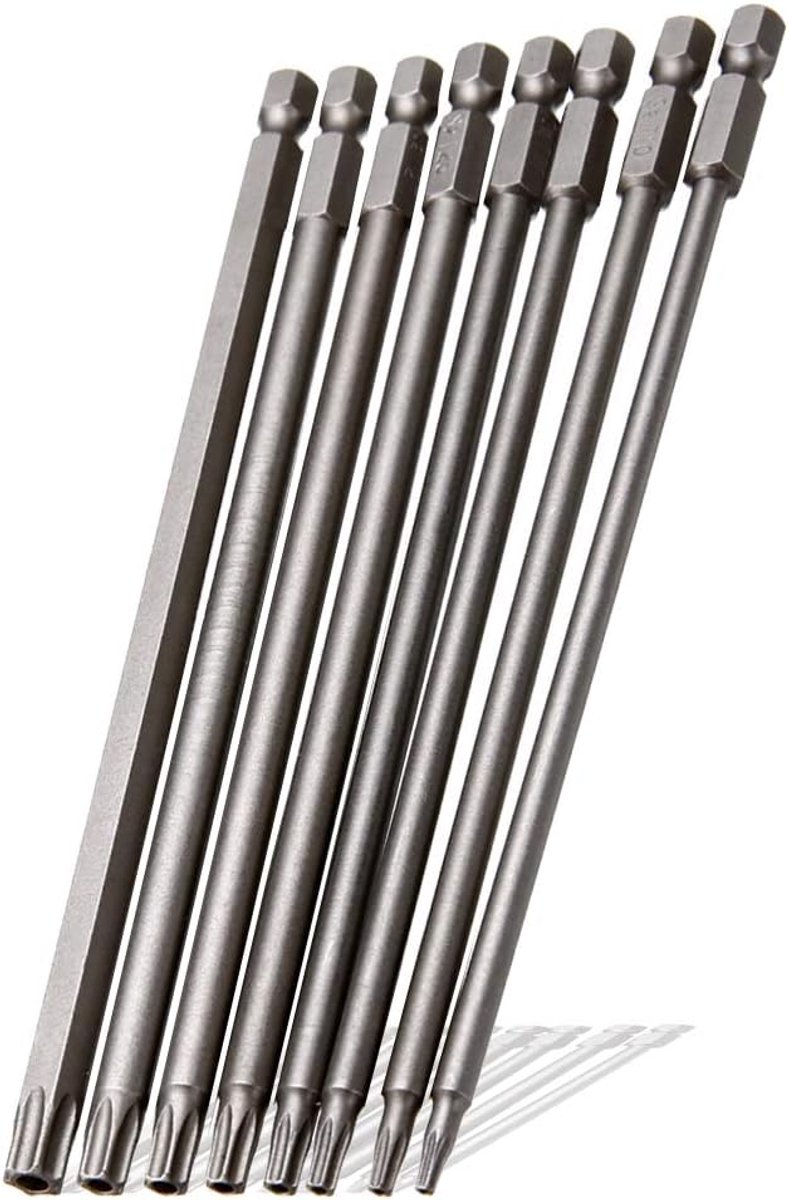 SnelShoppen - 8 Stuks 1/4 Inch Hex Schacht Torx Beveiligingsschroevendraaier Bit Magnetisch Ster S2 Staal Schroevendraaier Set Bits T8-T40, 150mm/6 In