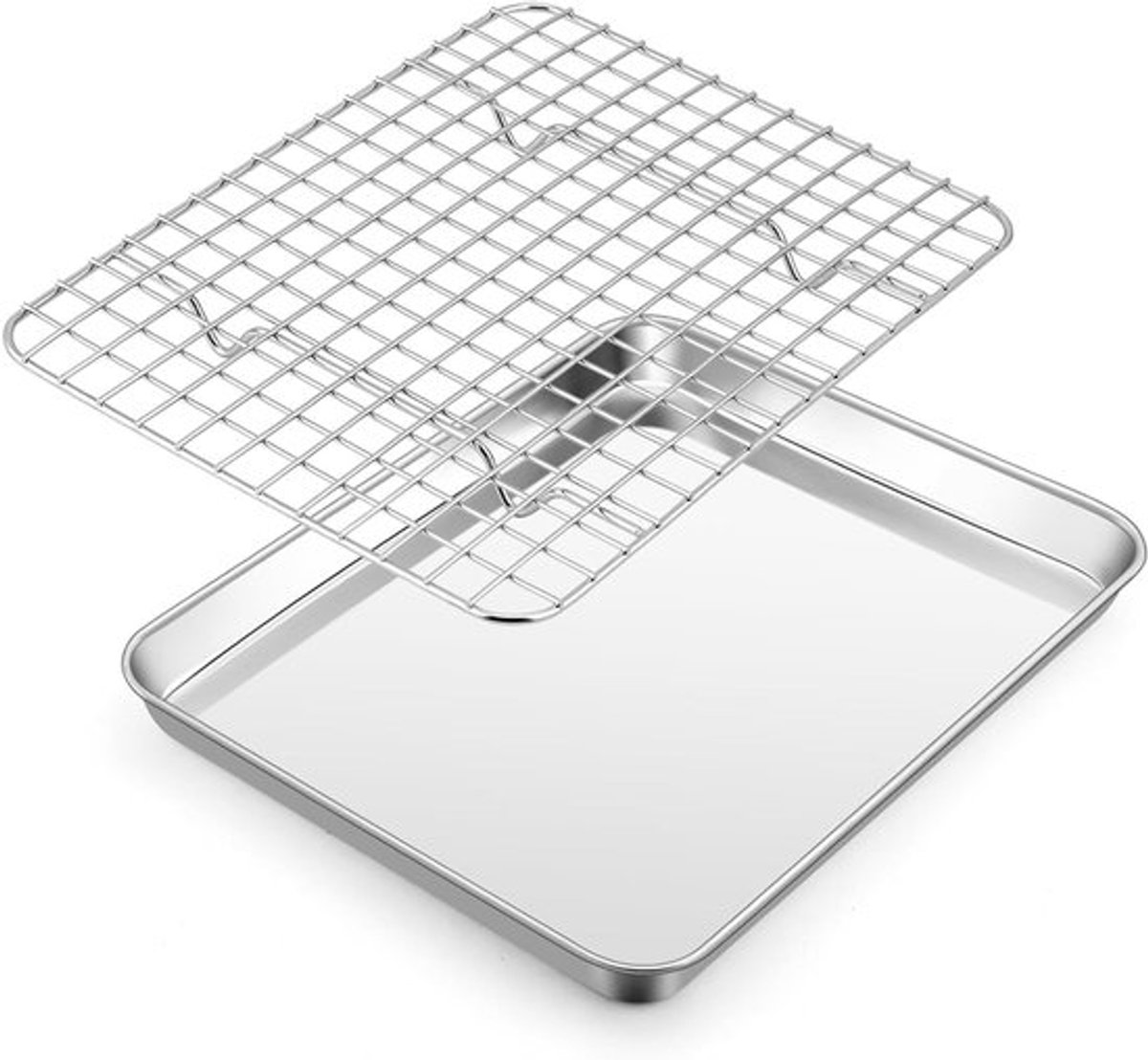 Bakplaat met koelrekset van roestvrij staal, kleine rechthoekige bakpan, ovenplaat en koelrek voor bakken, braden en serveren, 26,5 x 20,5 x 2,5 cm, gezond en vaatwasserbestendig, perfect voor thuisgebruik en professioneel bakken