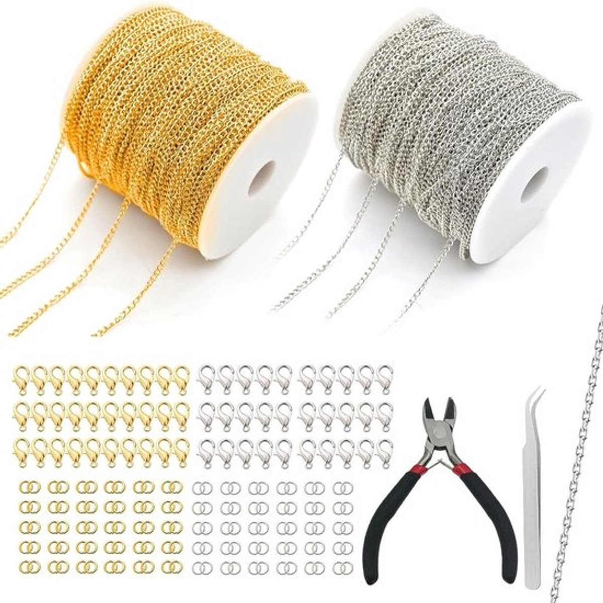 2 Rollen 10 m Link Chain in Goud en Zilver, 2.4 mm, Kettingen voor Knutselen, Sieraden en Accessoires met 60 Kreeftsluitingen en 120 Ringen, Inclusief Kleine Tang voor Sieraden