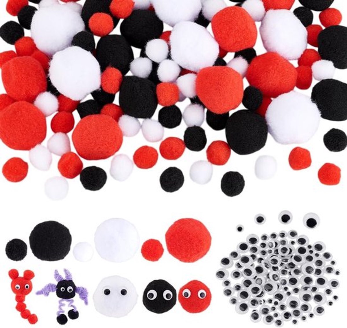 240 Stuks Grote Pompoms met Wiebeloogjes voor Creatieve DIY Projecten - Zwart/Wit/Rood Puff Balls van 1-2 Inch voor Knutselen en Ambachten