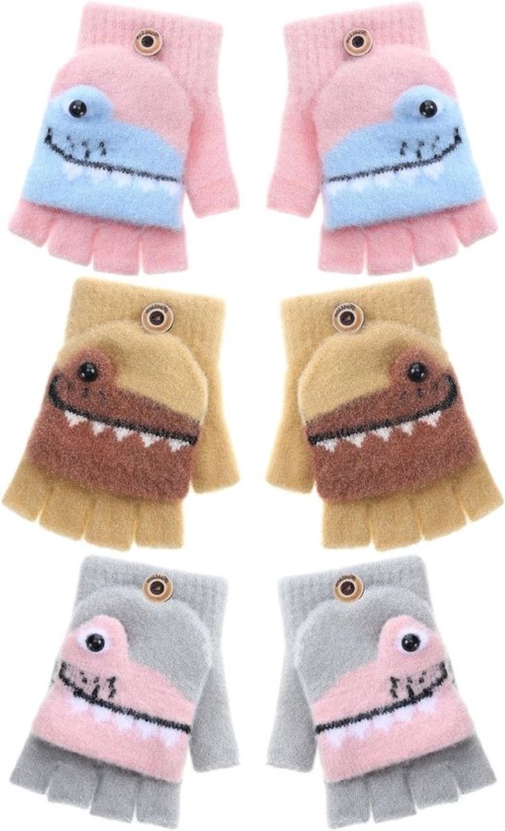Winterhandschoenen voor Kinderen zonder Vingers met Flap - Half Vinger Handschoenen voor 5-10 Jaar (Grijs, Geel, Roze) - Warm en Comfortabel