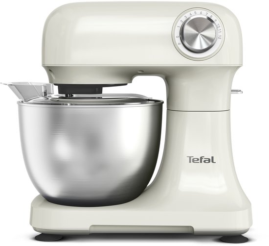 Roomkleurige Tefal keukenmachine met zilverkleurige mengkom en bedieningsknop met snelheidsinstellingen.