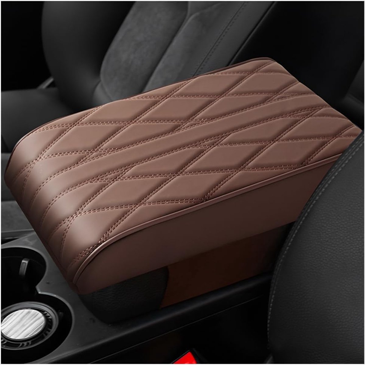 SnelShoppen - Luxe Auto Armsteun Kussen - Leren Armsteunhoes voor Auto - Waterdicht en Zacht - Gevuld met Geheugen Schuim - Anti-slip Band - Bruin - V