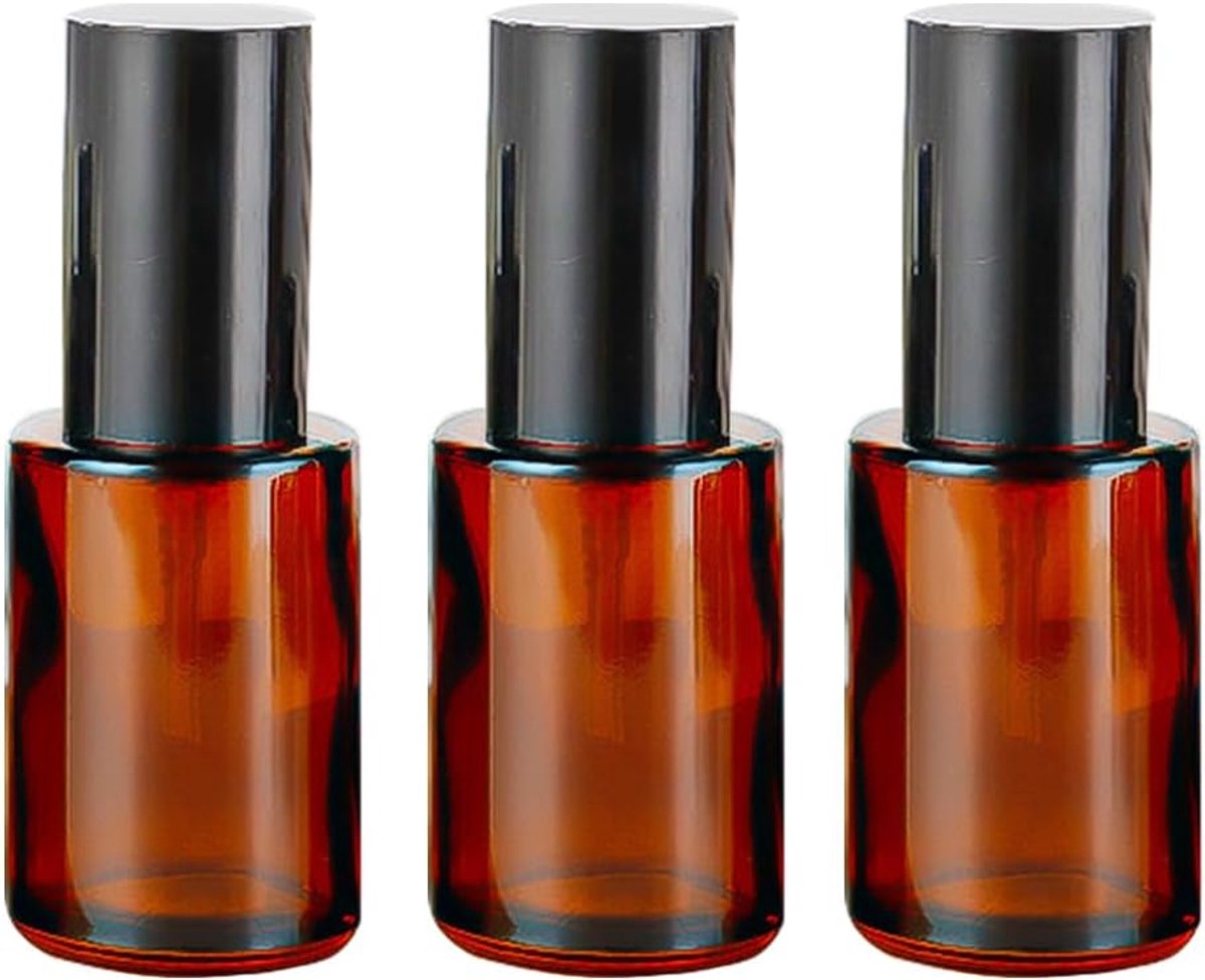 SnelShoppen - 3 stuks 30ml Lege Amber Glazen Lotion Pompflessen Herbruikbare Cosmetische Sample Dispenser met Zwarte Pompkop - Draagbare Zeep en Essen