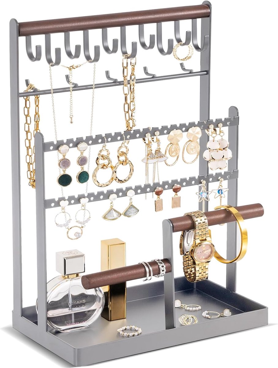 SnelShoppen - 6 Laags Sieraden Organizer Stand - Grijze Sieradenhouder met 15 Haakjes voor Kettingen, Oorbellen en Armbanden - Perfecte Sieradenopberg