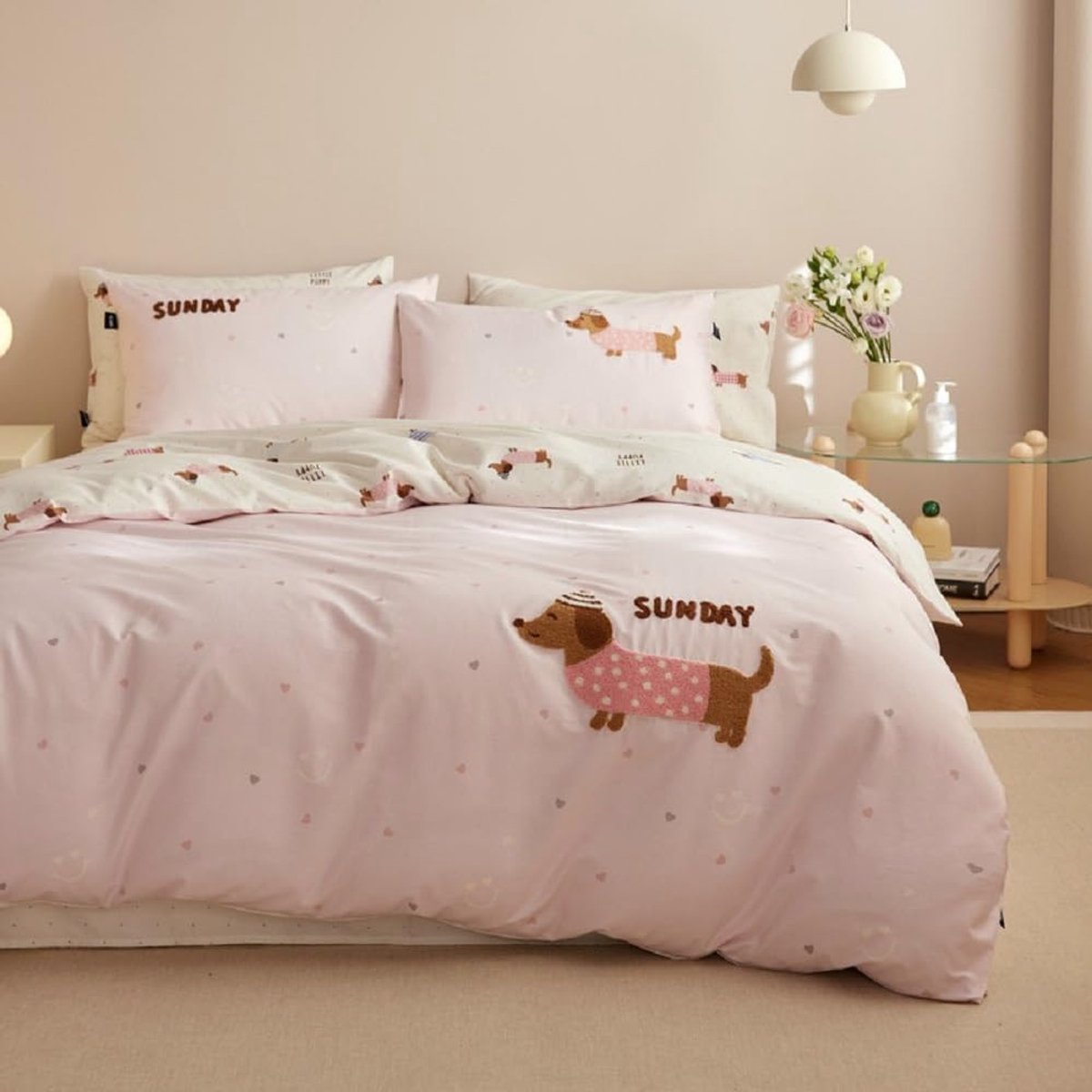 SnelShoppen - Vintage Boho Dekbedovertrek 135 x 200 cm Teckel Roze Hartjes Borduurwerk met Rits en 1 Kussenhoes 80 x 80 cm voor Meisjes