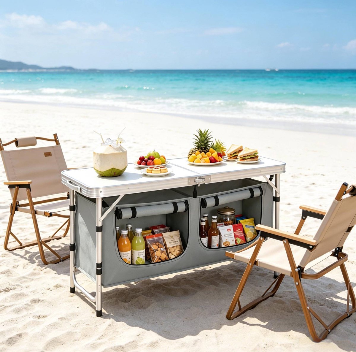 COVREO Picknicktafel 120 x 47 cm grijs wit, aluminium met opbergtas