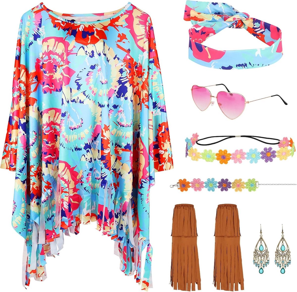Hippie Kostuum voor Dames met Cape, Schoenen, Bril, Oorbellen en Hoofdband voor Carnaval en Feestjes