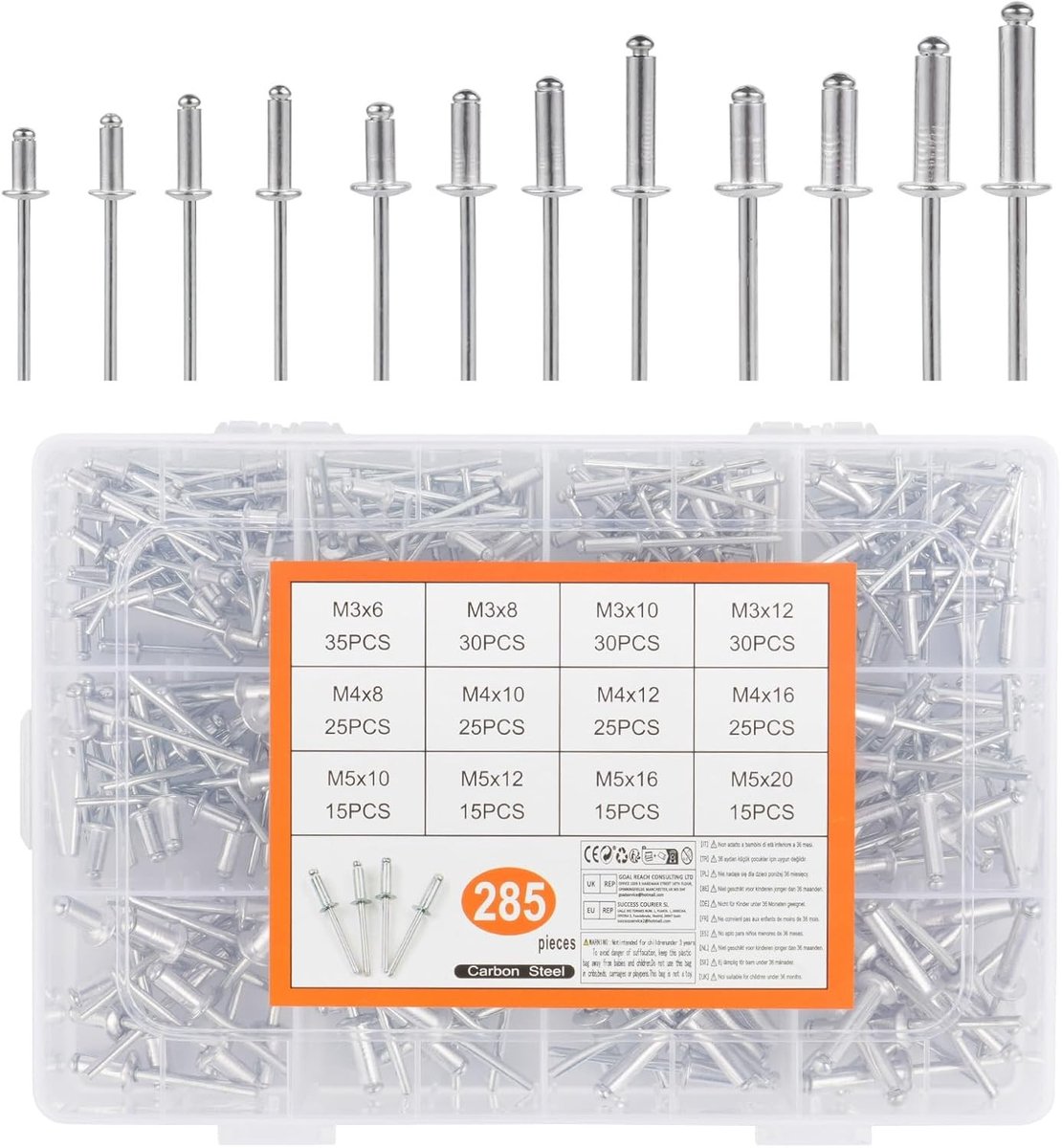 285-delige Aluminium Blinde Popnagels Set voor Metaal, Hout en Kunststof - Assortiment M3 M4 M5 Popnagels met Open Einde