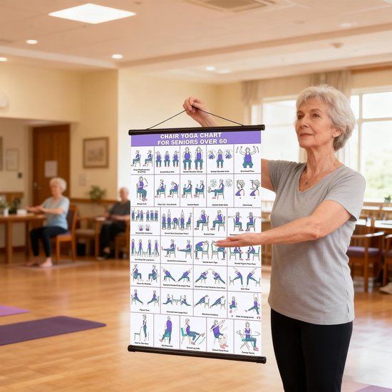 Stoel Yoga Poster - Fitness Poster - Senioren Bewegen - Meer dan 30 Posities - 40 x 60 cm - Blauw — afbeelding 3