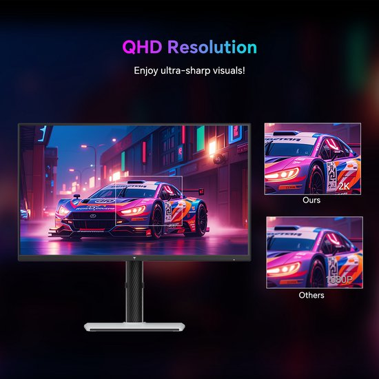 QHD-resolutie monitor toont een F1-auto in roze en paars, met 2K en 1080p vergeleken.