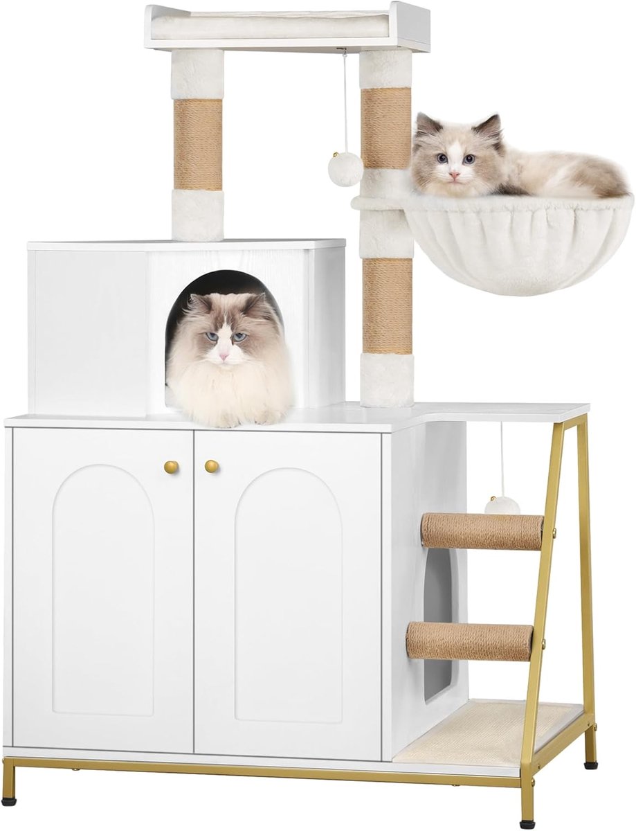 Hzuaneri Kattenkast, 4-in-1 Modern Kattenhuis met Groot Platform,Wit