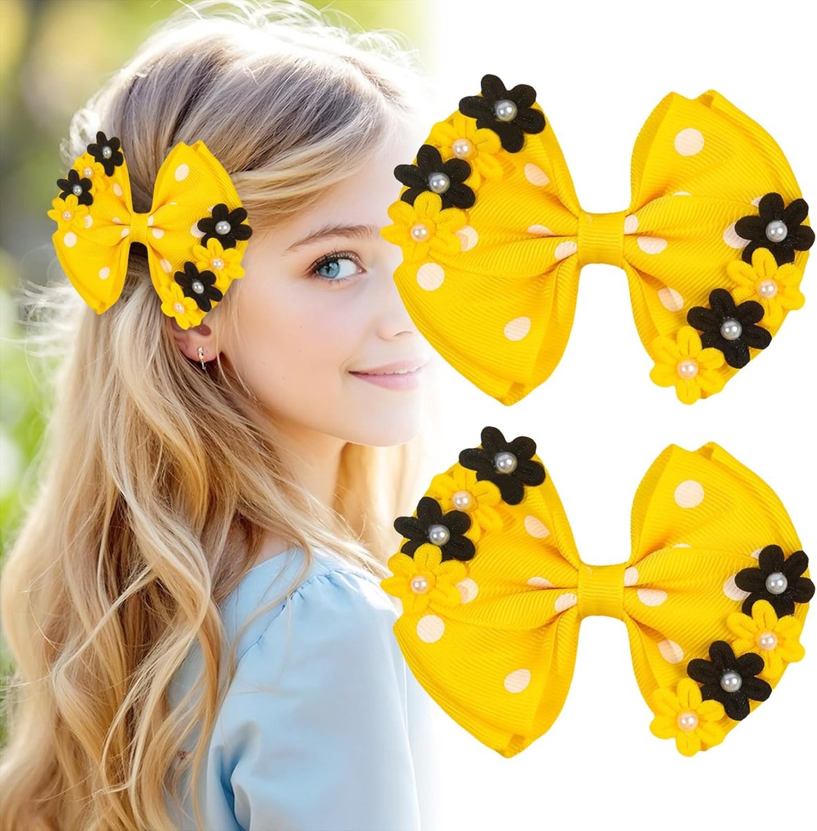 SnelShoppen - 2 Stuks Haarclips voor Peuters Meisjes - Schattige Bloemen Strik Haarspelden - Alligator Clips Haaraccessoires - Geel - Perfect voor Fee
