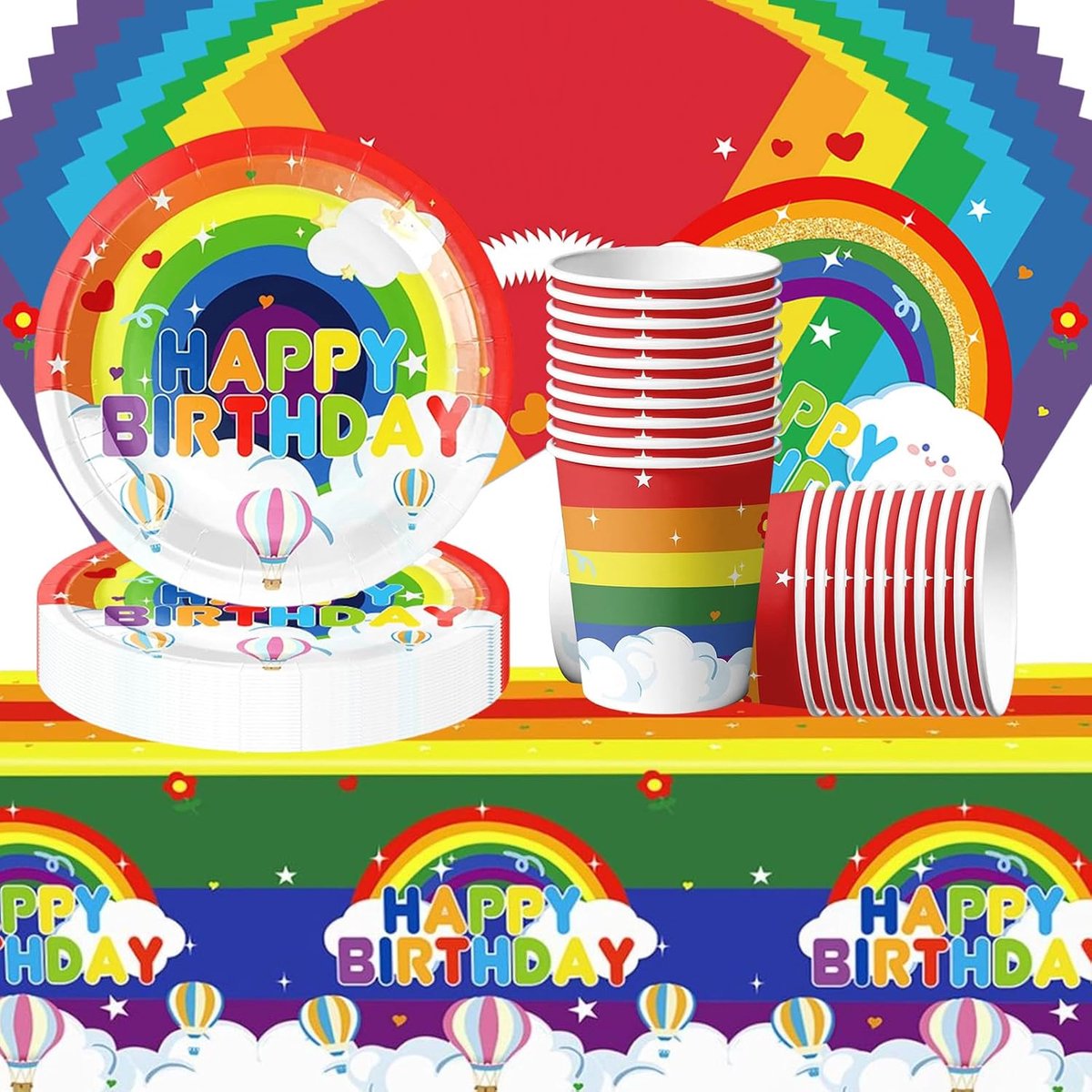 61-Piece Rainbow Themed Dinnerware Set for Birthday Parties, Kids Party Decorations Including Rainbow Plates, Paper - ShopVlot