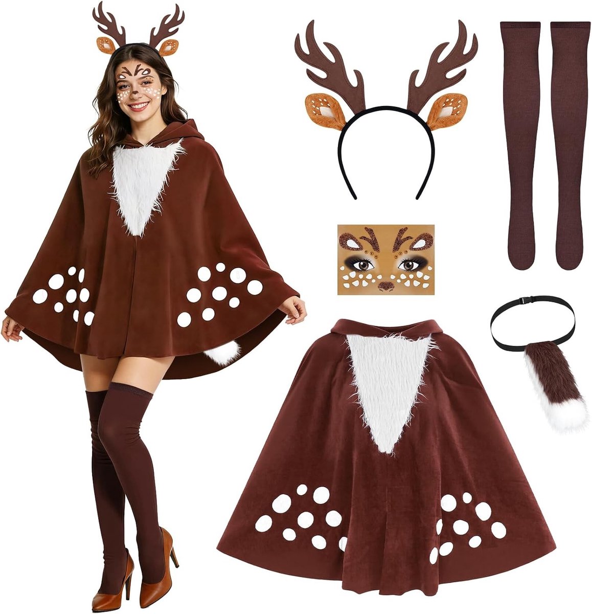 Vijfdelige Dames Herten Kostuum voor Carnaval met Hoornenkopband, Sokken en Staart, Perfect voor Feestjes en Themapartijen