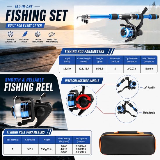 SnelShoppen - Visset voor Kinderen 180 cm - Complete Hengel voor Beginners - Telescopische Hengel met Rol, Aas, 100 m Snoer, Schepnet en Draagtas - He — afbeelding 3