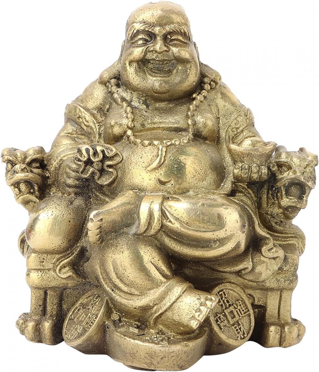 SnelShoppen - Maitreya Boeddha Beeld in Messing, Zittend op Geluksmunten en Gouden Ingot, Feng Shui Geluk en Blijdschap, Perfect als Cadeau voor Huwel
