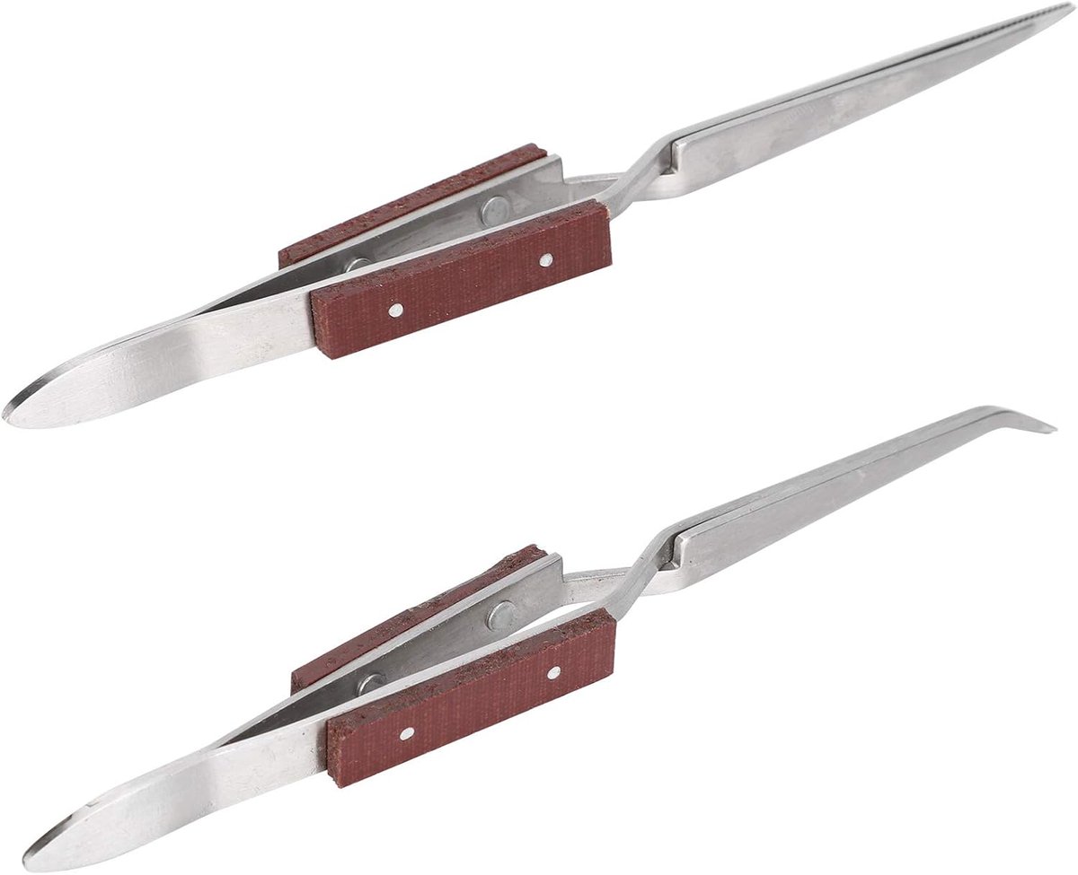 SnelShoppen - 2 Stuks Zelfsluitende Pincet, Rechte en Gebogen Punt voor Vaste Sieraden, Soldeerpunt, DIY Knutselgereedschap met Houten Handvat