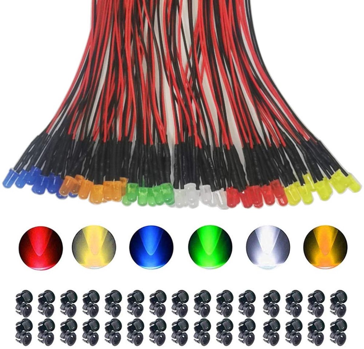 SnelShoppen - 60 Stuks 5mm LED Verlichting met 20cm Kabel, DC 12V Voorgeprogrammeerde LED Diodes in Rood, Geel, Groen, Wit, Oranje, Blauw + LED Montag