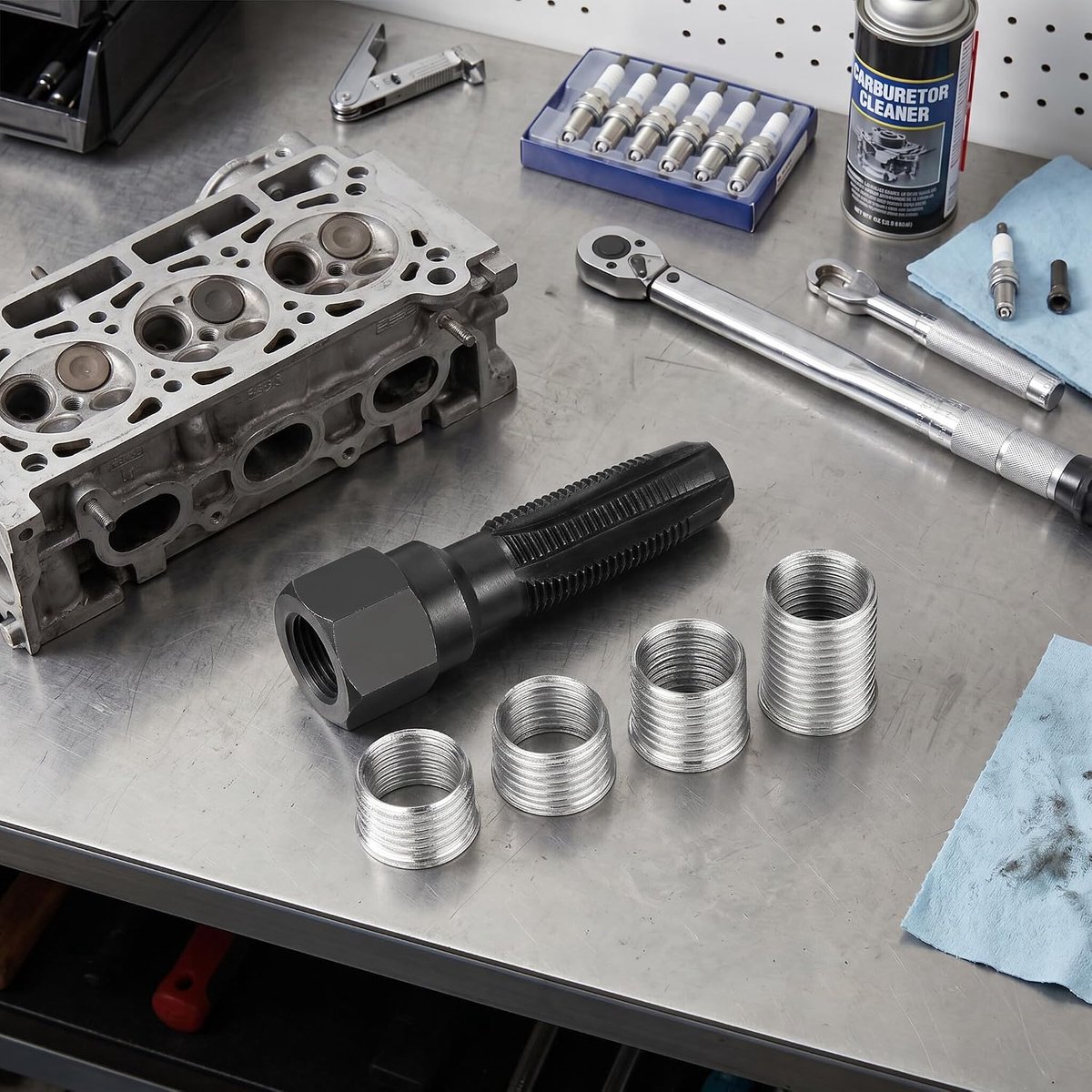 SnelShoppen - 5 Delige Bougiekop Gereedschapset - Carbon Staal Bougiekop Herstelset met Draadstiften voor 14mm Bougiekoppen Reparatie