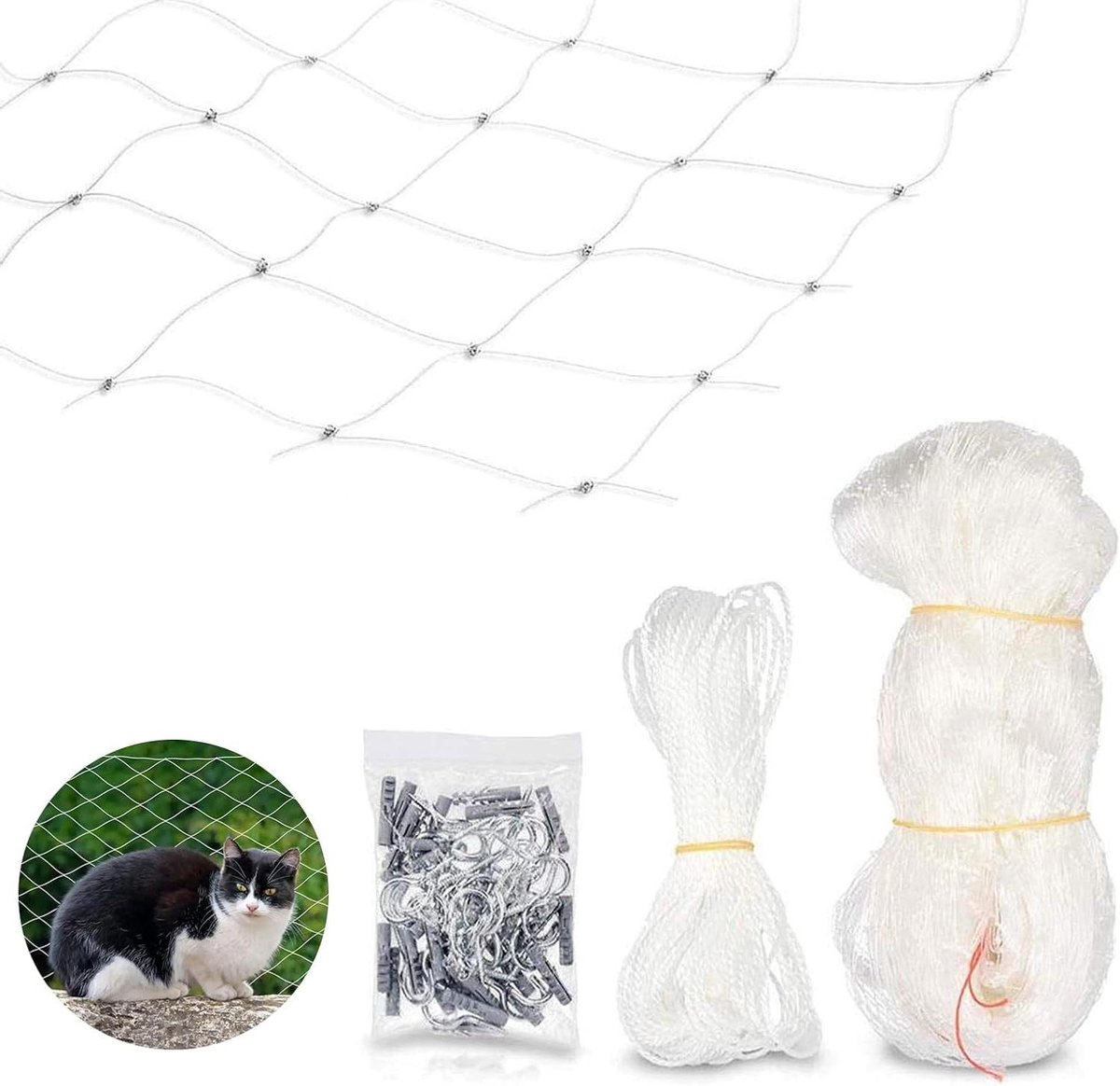 Kattennet Balkon - Huisdierengaas Terras - Veiligheid Buitenruimte - Draadversterkt Nylon - 3 x 8 Meter - Wit