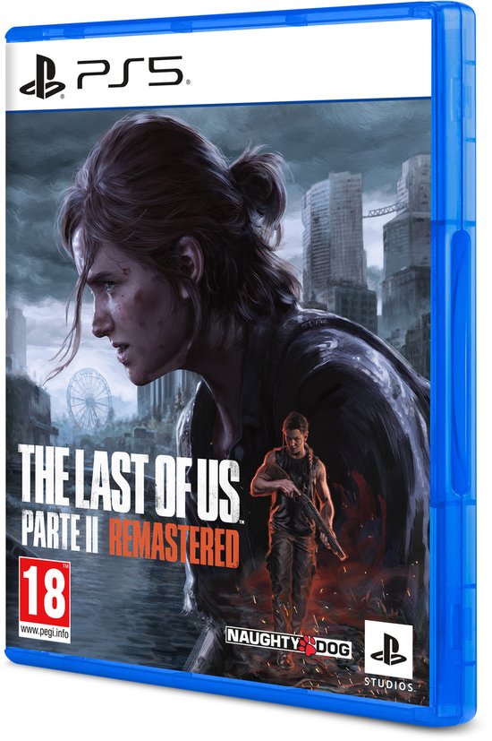 De cover van The Last of Us: Part II Remastered voor PS5, met Ellie op de voorgrond. Leeftijd 18.