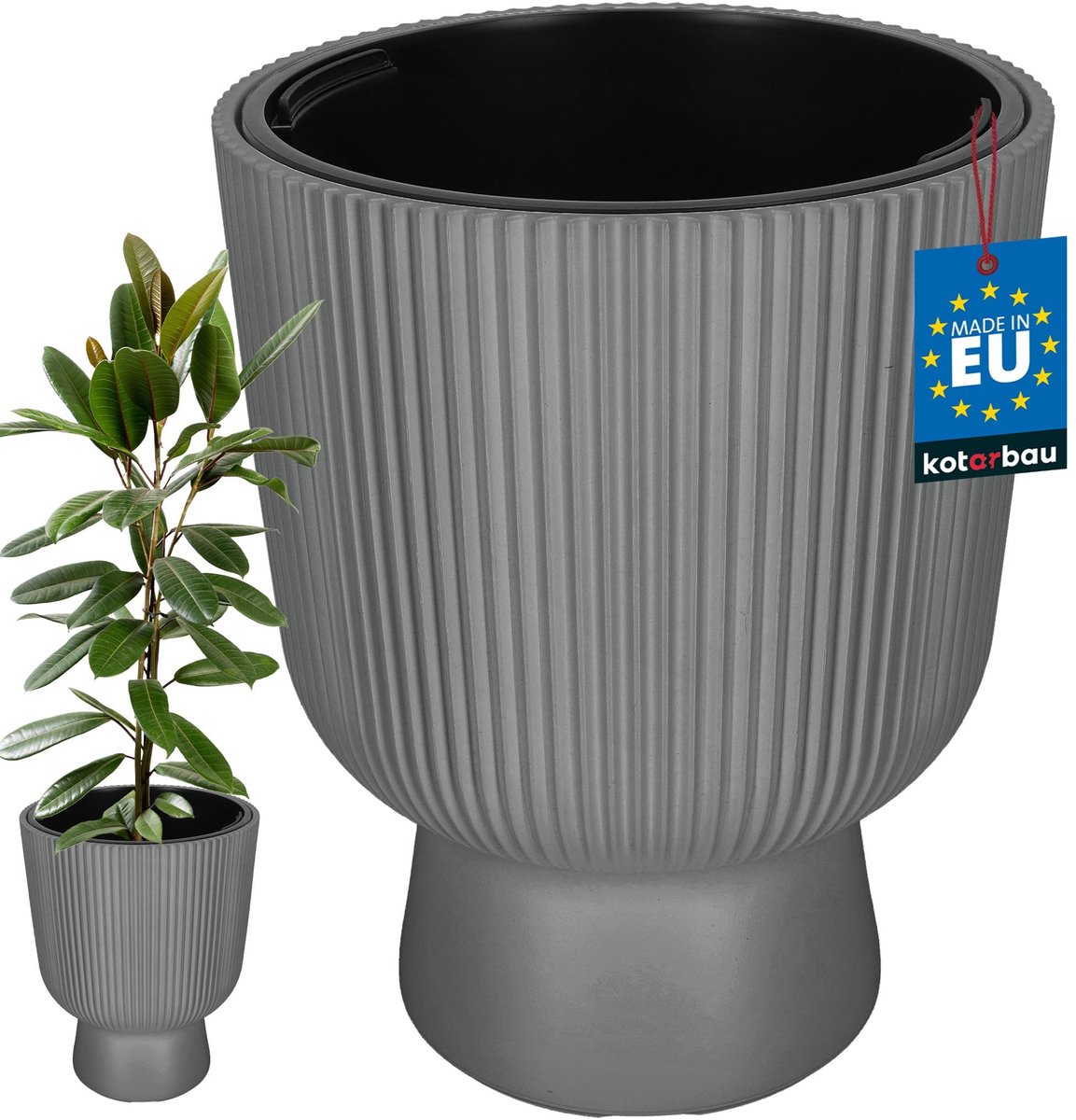 KOTARBAU® Bloempot - Plantenpot Ø 39 cm - met Binnenpot - Geribbelde Plantenbak - Plantenpot met Voet - Plantenbak - Kunststof - H: 49 cm - Grijs