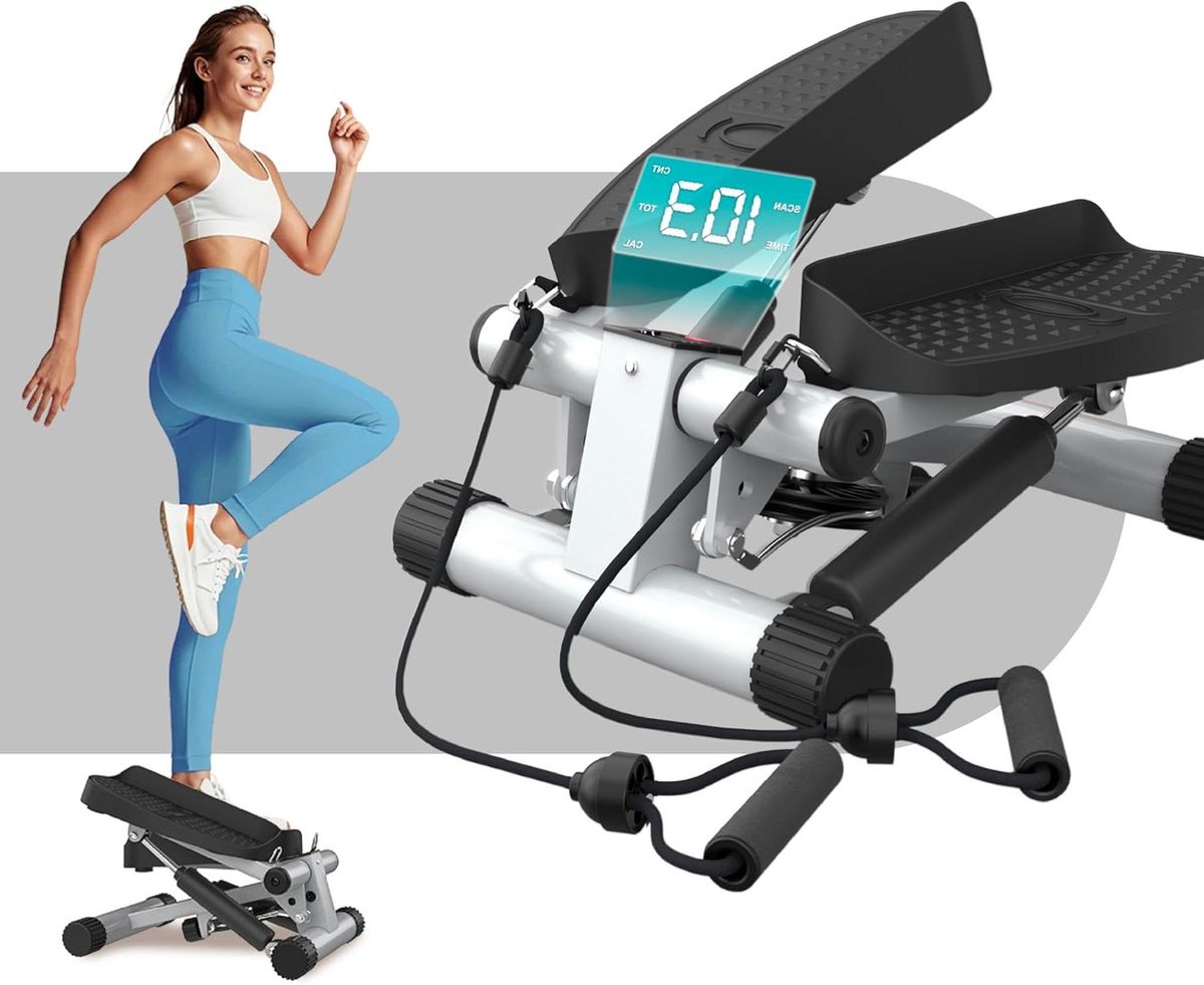 Mini Stepper - Thuis Fitnessapparaat - Full Body Training - Met Weerstandsbanden - 41 x 31 x 34 cm - Zilvergrijs