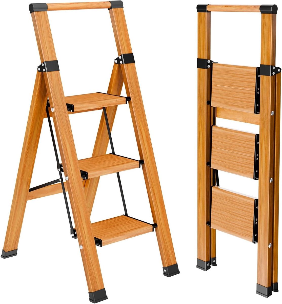 Trapladder met leuning - Opstapkrukje vouwbaar - Veilig klussen thuis - Stevig aluminium frame - 3 treden - Zilverkleurig