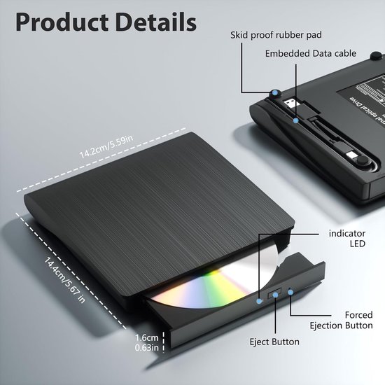 Externe Blu-Ray Drive - DVD BD Lezer - Bestanden Lezen Branden - Snelle USB 3.0 - Ultradun Ontwerp - Zilver — afbeelding 2