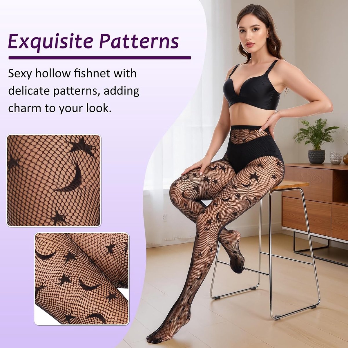 1 Paar Dames Visnet Kousen met Patroon - Sexy Elastische Hoge Sokken voor Feest, Cosplay en Halloween (Sterren en Maan) (Luipaardprint)