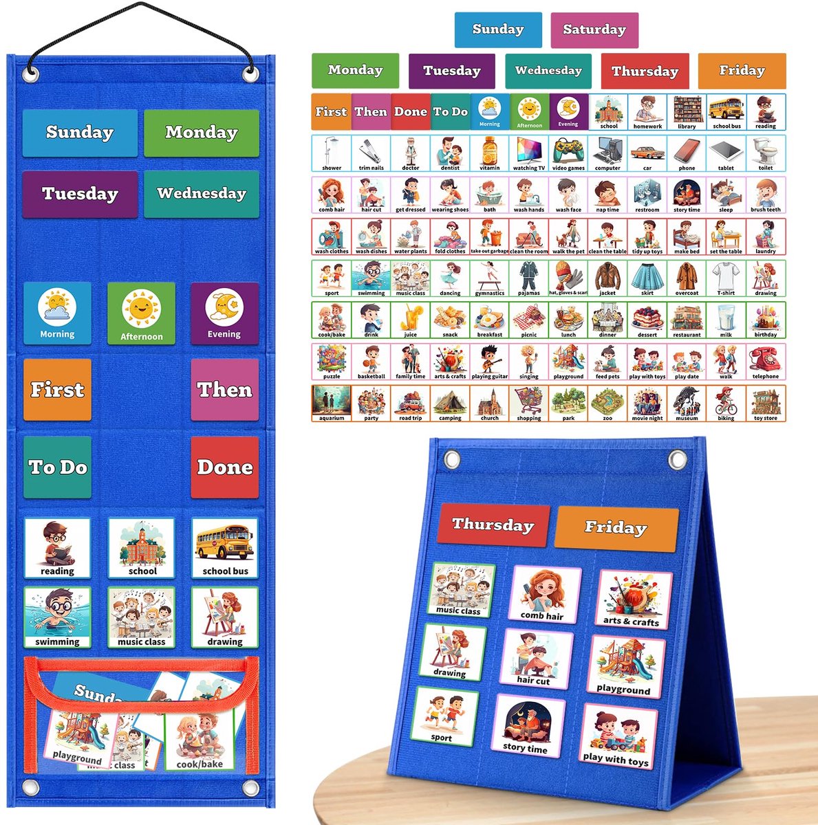 SnelShoppen - PITCOTT Visueel schema voor kinderen, karweittabel, 2-in-1 dagelijkse schema board met 70 zakkaarten voor peuters, autisme leermateriale