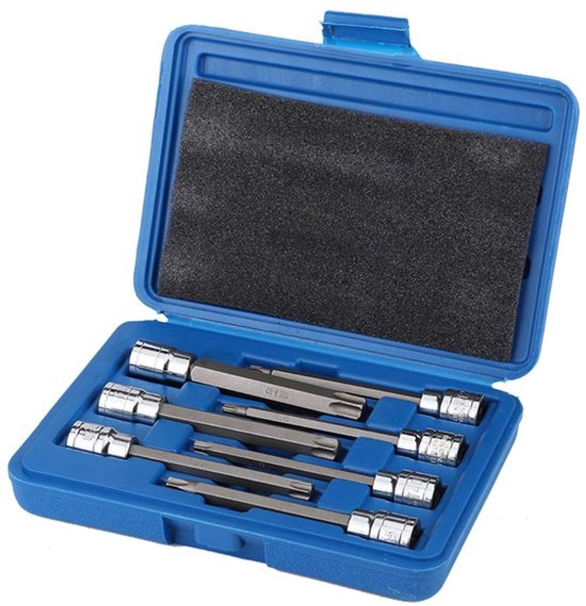 Dopsleutels Set 7 Stuks - Torx - Extra Lang 110 mm - 3/8 Inch - Chroom-vanadium-staal - Kunststof Koffer - Torxset