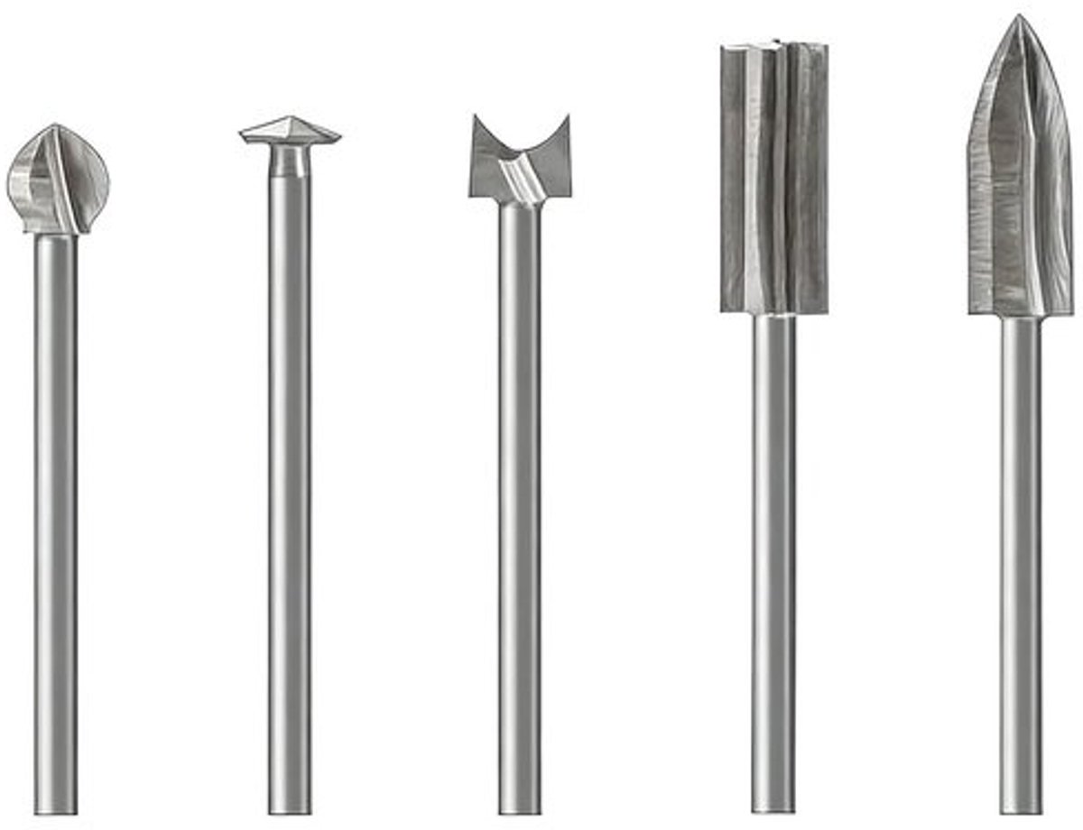 Houtfreesset voor rotatiegereedschap, 5 verschillende HSS snijbits en booraccessoires, compatibel met Dremel en andere merken