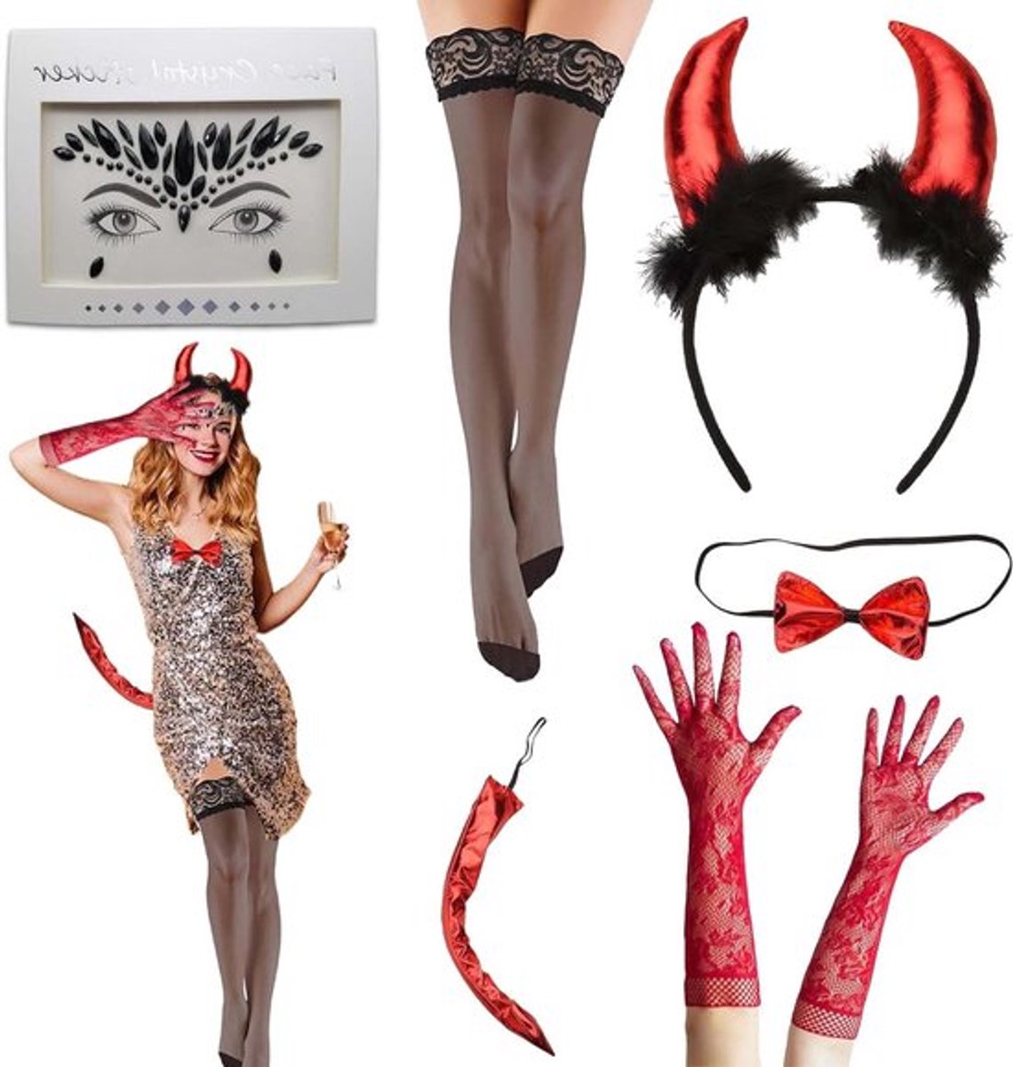 Halloween Duivel Kostuum Set met Hoorns, Strik, Staart, Handschoenen en Vork voor Volwassenen - Perfect voor Feestjes en Verkleedpartijen