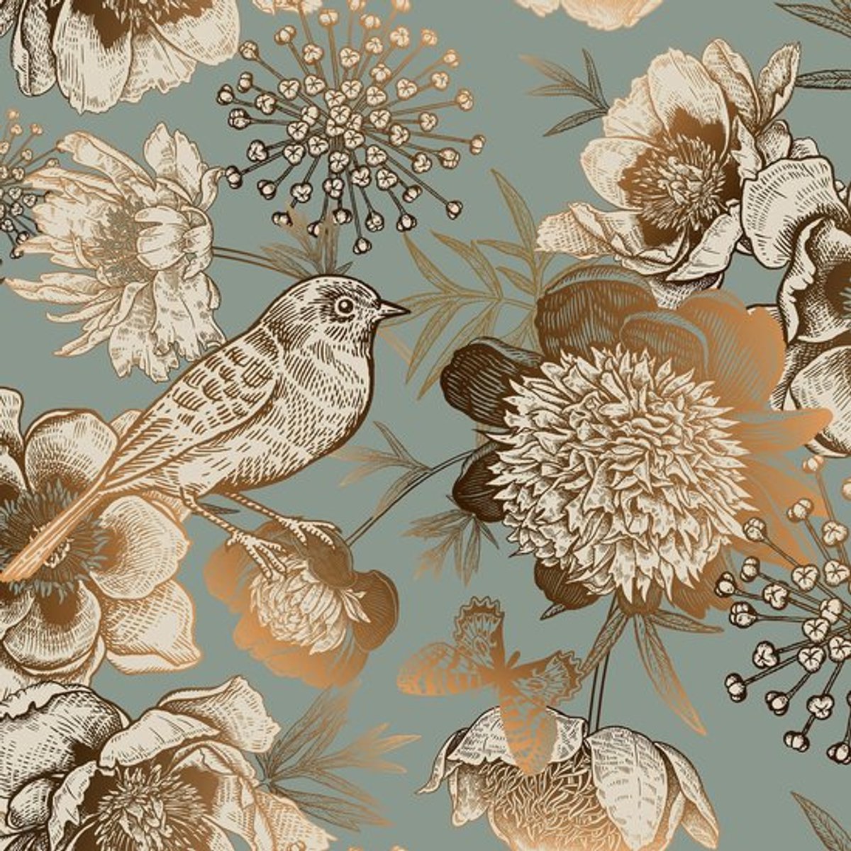 Behang Vintage Bloemen - Zelfklevend - 44,5CM x 7M - Wanddecoratie - Meubelpatronen - Turquoise/Goud - Muurdecoratie